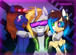 Size: 2560x1856 | Tagged: safe, artist:megabait, derpibooru import, oc, oc only, pony, chains, cyberpunk, cyberpunk glasses, friends, gadgets, glasses, neon