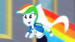 Size: 3410x1920 | Tagged: safe, derpibooru import, screencap, rainbow dash, equestria girls, equestria girls series, run to break free, spoiler:eqg series (season 2), clothes, cute, cutie mark, cutie mark on clothes, dashabetes, female, geode of super speed, hoodie, jewelry, magical geodes, necklace, open mouth, ponied up, rainbow trail, running, singing, smiling, solo, transformation
