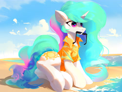 Size: 6000x4500 | Tagged: safe, artist:coldrivez, derpibooru import, princess celestia, alicorn, pony, absurd resolution, beach, clothes, cute, cutelestia, female, mare, mouth hold, shirt, solo, sunglasses