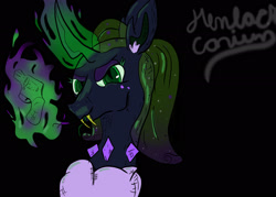 Size: 2100x1500 | Tagged: safe, artist:hemlock conium, derpibooru import, oc, oc only, oc:mantis, changeling, bust, changeling oc, color, digital art, female, green changeling, gun, mare, palindrome get, portrait, simple background, solo, weapon