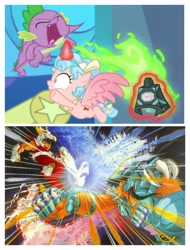 Size: 3106x4096 | Tagged: safe, derpibooru import, edit, edited screencap, screencap, cozy glow, spike, alicorn, dragon, pegasus, the ending of the end, alicornified, bell, cozycorn, female, fight, grogar's bell, male, race swap, saint seiya, shiryu