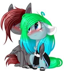 Size: 2313x2593 | Tagged: safe, artist:mediasmile666, derpibooru import, oc, oc only, pegasus, pony, blushing, chibi, clothes, duo, ears, female, floppy ears, hug, maid, male, mare, one eye closed, shipping, simple background, stallion, straight, transparent background, winghug, wings, wink