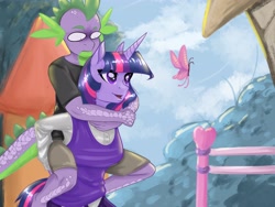 Size: 4000x3000 | Tagged: safe, artist:beznadezhnyyart, artist:raeverran, derpibooru import, spike, twilight sparkle, unicorn twilight, anthro, butterfly, dragon, unicorn, fall weather friends, clothes, duo, female, male, piggyback ride, scene interpretation, spike riding twilight