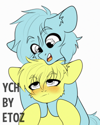 Size: 2000x2500 | Tagged: safe, artist:etoz, derpibooru import, pony, advertisement, auction, auction open, blushing, commission, generic pony, happy, hug, open mouth, smiling, tsundere, ych example, your character here, your character here auction