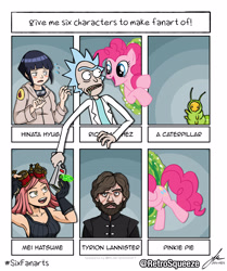 Size: 3000x3582 | Tagged: safe, artist:swampdonkeymedia, derpibooru import, pinkie pie, caterpillar, earth pony, human, pony, beard, bust, crossover, facial hair, female, game of thrones, goggles, hyuuga hinata, mare, my hero academia, naruto, portal, rick and morty, rick sanchez, signature, six fanarts