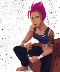 Size: 500x600 | Tagged: safe, artist:blacktiger273, derpibooru import, tempest shadow, human, abs, alternate hairstyle, barefoot, clothes, ear piercing, earring, eye scar, feet, female, humanized, jewelry, midriff, pants, piercing, scar, simple background, solo, sports bra, sweatpants, tape, tattoo, white background