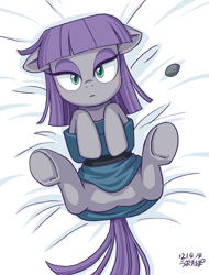 Size: 912x1200 | Tagged: safe, artist:uotapo, derpibooru import, boulder (pet), maud pie, earth pony, pony, bed, blanket, blushing, clothes, cute, dress, eyeshadow, featureless crotch, female, from above, looking at you, lying down, makeup, mare, maudabetes, on back, solo, technically an upskirt shot, underhoof, upskirt