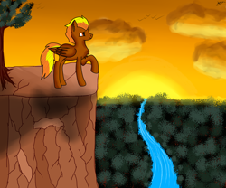 Size: 1500x1250 | Tagged: safe, artist:windy, derpibooru import, oc, oc:windflyer, pegasus, cliff, cloud, forest background, river, solo, sunset, two toned mane, two toned tail, wings