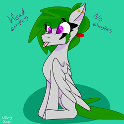 Size: 1080x1080 | Tagged: safe, artist:ukedideka, derpibooru import, oc, oc:quizzical aphre, pegasus, ear piercing, folded wings, green hair, hair tie, pegasus oc, piercing, purple eyes, simple background, sitting, solo, tongue, tongue out, wings