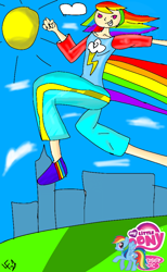 Size: 600x976 | Tagged: safe, artist:ropanotina, derpibooru import, rainbow dash, human, fanart, humanized, ibispaint x, my little pony logo, photo, rainbow, running, solo, speedpaint