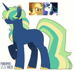 Size: 1784x1716 | Tagged: safe, artist:pandemiamichi, derpibooru import, applejack, shining armor, oc, pony, unicorn, ambiguous gender, hair over eyes, offspring, parent:applejack, parent:shining armor, parents:shiningjack, simple background, white background