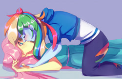 Size: 2845x1852 | Tagged: source needed, safe, artist:dumddeer, derpibooru import, fluttershy, rainbow dash, equestria girls, blushing, clothes, dress, eyes open, female, flutterdash, hoodie, kissing, leggings, lesbian, shipping