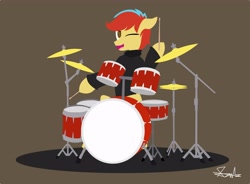 Size: 4096x3012 | Tagged: safe, artist:samsailz, derpibooru import, oc, earth pony, drum kit, drums, drumsticks, jamming out, musical instrument, one eye closed, solo, wink