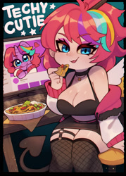 Size: 1428x1999 | Tagged: safe, artist:zombiemiso, derpibooru import, oc, oc only, oc:techy twinkle, human, pony, unicorn, breasts, chips, cleavage, clothes, computer, computer screen, demon tail, eating, food, looking at you, nachos, smiling, socks, solo, thigh highs, wings