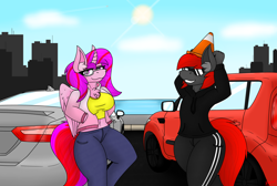 Size: 4500x3024 | Tagged: safe, artist:ryanthecone, derpibooru import, oc, oc:pepto, oc:ryanthecone, alicorn, anthro, earth pony, city, cityscape, commission, kia, kia soul, toyota, toyota camry