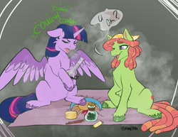 Size: 2048x1584 | Tagged: safe, artist:holomouse, derpibooru import, tree hugger, twilight sparkle, twilight sparkle (alicorn), alicorn, earth pony, pony, bong, coughing, drugs, highlight sparkle