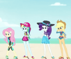 Size: 312x258 | Tagged: safe, derpibooru import, screencap, applejack, fluttershy, rainbow dash, rarity, aww... baby turtles, better together, equestria girls, animated, beach, boat, clothes, cloud, cropped, gif, hand on hip, hat, sandals, standing, sun hat, swimsuit, time lapse