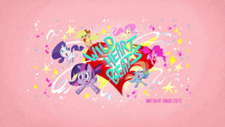 Size: 1920x1080 | Tagged: safe, derpibooru import, screencap, applejack, fluttershy, pinkie pie, rainbow dash, rarity, twilight sparkle, twilight sparkle (alicorn), alicorn, earth pony, pegasus, pony, unicorn, my little pony: pony life, wild heart beats, spoiler:pony life s02e28, abstract background, applejack's hat, clothes, cowboy hat, eyes closed, female, hat, heart, mane six, mare, open mouth, pink background, simple background, text, title card, wild hearts beats