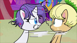 Size: 1280x720 | Tagged: safe, derpibooru import, screencap, applejack, rarity, earth pony, pony, unicorn, my little pony: pony life, what goes updo, spoiler:pony life s02e17, alternate hairstyle, duo, duo female, female, great moments in animation, mare, messy mane, smear frame