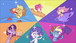 Size: 1280x720 | Tagged: safe, derpibooru import, screencap, applejack, fluttershy, pinkie pie, rainbow dash, rarity, twilight sparkle, twilight sparkle (alicorn), alicorn, earth pony, pegasus, pony, unicorn, communication shakedown, my little pony: pony life, spoiler:pony life s02e18, apple, boat, carousel, crystal ball, female, food, hammer, mane six, mare