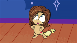 Size: 1280x720 | Tagged: safe, derpibooru import, screencap, applejack, earth pony, pony, mad props, my little pony: pony life, spoiler:pony life s02e24, bipedal, female, hooves on hips, karen, karenjack, looking up, mare, open mouth, shocked, solo