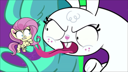 Size: 1280x720 | Tagged: safe, derpibooru import, screencap, fluttershy, pegasus, pony, rabbit, journey to the center of the 'cord, my little pony: pony life, spoiler:pony life s02e26, animal, forked tongue, monster, scared, snake tongue, tongue, tongue out