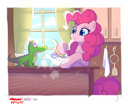 Size: 1472x1204 | Tagged: safe, artist:kejifox, artist:mirtash, edit, editor:edits of hate, gummy, pinkie pie, alligator, earth pony, pony, collaboration, anonymous editor, baking, batter, bowl, colored pupils, cute, diapinkes, duo, female, flour, food, kitchen, male, mare, mixing, mixing bowl, wooden spoon