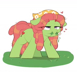 Size: 1302x1224 | Tagged: safe, artist:shinodage, tree hugger, earth pony, pony, 420, behaving like a cow, ears, eating, female, floating heart, floppy ears, flower, flower in mouth, grass, horses doing horse things, lidded eyes, mare, mouth hold, munching, smiling, solo