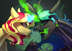 Size: 3508x2480 | Tagged: safe, artist:underpable, queen chrysalis, sunset shimmer, changeling, changeling queen, pony, robot, unicorn, commission, confrontation, digital art, duo, eye contact, featured image, female, glowing horn, high res, horn, horns are touching, looking at each other, magic, mane, mare, roboticization, tongue
