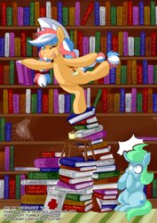 Size: 1061x1500 | Tagged: safe, artist:genolover, derpibooru import, oc, oc:ember (hwcon), oc:glace (hwcon), book, bookshelf, hearth's warming con, library, mascot, solo, spider web, this will end in pain, tongue, tongue out