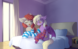 Size: 1920x1200 | Tagged: safe, artist:lunar froxy, derpibooru import, oc, oc only, oc:pinkfull night, oc:ponepony, bat pony, earth pony, pony, bat pony oc, bedroom, chest fluff, clothes, commission, duo, ear fluff, ears, female, glasses, mare, shy, smiling, socks, striped socks, teenager