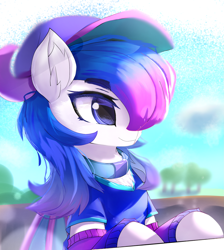 Size: 2137x2389 | Tagged: safe, artist:jfrxd, derpibooru import, oc, oc:munlet, bat pony, pony, blue eyes, blue sky, cloud, female, hat, outfit, purple hair, solo