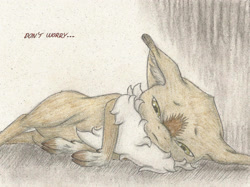 Size: 2228x1669 | Tagged: safe, artist:cindertale, derpibooru import, oc, oc only, deer, cloven hooves, deer oc, ear fluff, ears, lying down, prone, sad, solo, talking, traditional art