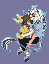 Size: 1000x1300 | Tagged: safe, artist:lavvythejackalope, derpibooru import, oc, oc only, anthro, digitigrade anthro, unguligrade anthro, unicorn, zebra, zebracorn, antlers, blushing, blushing profusely, clothes, cuddling, cute, ear fluff, ear piercing, ears, eyes closed, floating heart, floppy ears, gay, heart, horn, hug, jackalope, leonine tail, male, neckerchief, nuzzling, oc x oc, pants, paws, piercing, purple background, shipping, shirt, shorts, signature, simple background, sitting on lap, smiling, sweater, unicorn oc, wavy mouth