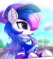 Size: 2137x2389 | Tagged: safe, artist:jfrxd, derpibooru import, oc, oc:munlet, bat pony, pony, blue eyes, blue sky, cloud, female, hat, outfit, purple hair, solo