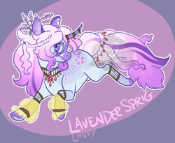 Size: 1100x900 | Tagged: safe, artist:lavvythejackalope, derpibooru import, oc, oc only, pony, unicorn, abstract background, base used, colored hooves, curved horn, horn, horn jewelry, jewelry, looking back, smiling, solo, unicorn oc