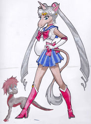 Size: 555x750 | Tagged: safe, artist:barn-flakes, derpibooru import, oc, oc only, anthro, lizard, unicorn, barely pony related, boots, clothes, cosplay, costume, crossover, female, gloves, high heel boots, hoers, horn, long gloves, male, pregnant, sailor moon, shoes, simple background, skirt, traditional art, unicorn oc, white background