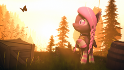 Size: 7680x4320 | Tagged: safe, artist:lagmanor, derpibooru import, oc, oc only, oc:wintergleam, bat pony, butterfly, pony, 3d, barrel, bat ears, bat pony oc, bat wings, book, braid, clothes, crate, grass, holding, holding a book, jewelry, looking at something, necklace, pine tree, pink mane, sfm pony, ship, smiling, socks, solo, source filmmaker, striped socks, sunlight, sunset, tree, wings