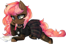 Size: 3893x2613 | Tagged: safe, artist:_spacemonkeyz_, derpibooru import, oc, oc:scarlet trace (coffee bean), earth pony, clothes, collar, female, fishnets, flower, goth, mare, paper, pencil, shirt, simple background, skirt, solo, transparent background