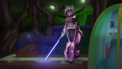 Size: 4000x2250 | Tagged: safe, artist:pentoolqueen, derpibooru import, oc, oc:lovelight, anthro, pony, unicorn, armor, belly button, belt, blaster, boots, bracelet, clothes, cockpit, crossover, cuffs, evil eyes, eyes in the dark, female, females only, fishnets, fluffy hand cuffs, forest, forest background, grey fur, gun, hand on hip, jacket, jewelry, lightsaber, looking at you, medal, midriff, moon, night, ominous, pants, picture in picture, pink hair, pose, purple eyes, purple hair, shoes, smiling, spaceship, sports bra, standing, star wars, swamp, sword, tanktop, temple, vehicle, vine, weapon