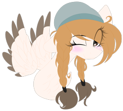 Size: 2294x2070 | Tagged: safe, artist:mediasmile666, derpibooru import, oc, oc only, pegasus, pony, blushing, bust, female, hat, mare, one eye closed, simple background, solo, spread wings, transparent background, wings, wink