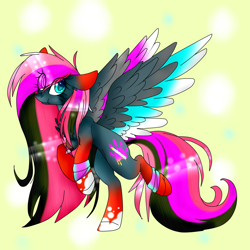 Size: 2449x2449 | Tagged: safe, artist:mediasmile666, artist:spletterfit, derpibooru import, oc, oc only, pegasus, pony, abstract background, colored wings, female, jewelry, mare, pendant, solo, spread wings, wings