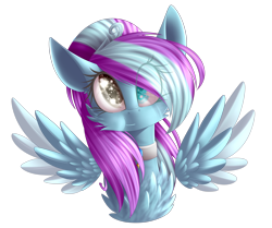 Size: 2680x2238 | Tagged: safe, artist:mediasmile666, derpibooru import, oc, oc only, pegasus, pony, bust, choker, female, mare, ponytail, simple background, solo, spread wings, transparent background, wings