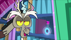 Size: 1280x720 | Tagged: safe, derpibooru import, screencap, discord, draconequus, my little pony: pony life, wild heart beats, spoiler:pony life s02e28, book, bookshelf, bottle, breaking, breaking the fourth wall, male, portal, solo, uh oh