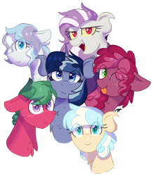 Size: 1736x1987 | Tagged: safe, artist:gallantserver, derpibooru import, oc, oc:artemis (gallantserver), oc:astrea, oc:iridescence, oc:raspberry sugarcane, oc:watermelon tourmaline, oc:winter solstice (gallantserver), earth pony, hybrid, pegasus, unicorn, interspecies offspring, magical lesbian spawn, offspring, parent:applejack, parent:big macintosh, parent:discord, parent:flash sentry, parent:fluttershy, parent:marble pie, parent:pinkie pie, parent:princess cadance, parent:princess luna, parent:rainbow dash, parent:shining armor, parent:tempest shadow, parent:twilight sparkle, parents:appledash, parents:discoshy, parents:flashlight, parents:marblemac, parents:shiningcadance, parents:tempestpie, parents:twiluna