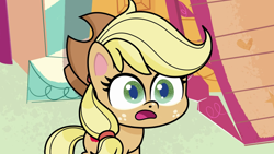 Size: 1280x720 | Tagged: safe, derpibooru import, screencap, applejack, earth pony, pony, how applejack got her hat back, my little pony: pony life, applejack's hat, clothes, cowboy hat, female, hat, shocked, solo, sugarcube corner