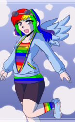 Size: 930x1500 | Tagged: safe, artist:dawnrie, derpibooru import, rainbow dash, human, clothes, colored pupils, cosplay, costume, female, goggles, not rainbow dash, open mouth, rainbow socks, socks, solo, striped socks, sweatshirt, wings