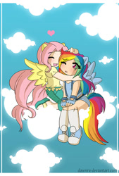 Size: 677x1000 | Tagged: safe, artist:dawnrie, derpibooru import, fluttershy, rainbow dash, human, chibi, clothes, cloud, eared humanization, eye clipping through hair, eyes closed, female, fingerless gloves, floating heart, flutterdash, gloves, hand on head, heart, hug, humanized, lesbian, on a cloud, one eye closed, sandals, shipping, shoes, sitting, sitting on cloud, sky background, socks, winged humanization, wings