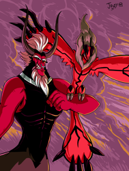 Size: 3272x4335 | Tagged: safe, artist:jowyb, derpibooru import, lord tirek, centaur, crossover, fanfic, fanfic art, fanfic cover, male, nose piercing, nose ring, piercing, pokémon, yveltal