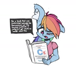 Size: 1620x1411 | Tagged: safe, artist:awr-hey, derpibooru import, rainbow dash, anthro, book, c, dialogue, ear fluff, ears, programming, simple background, white background